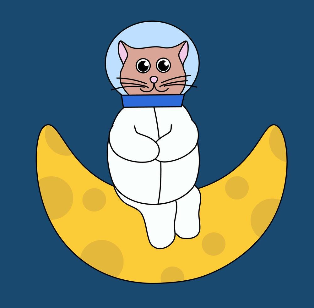 Cute cat astronaut in space sit on moon. Flat Illustration. vector