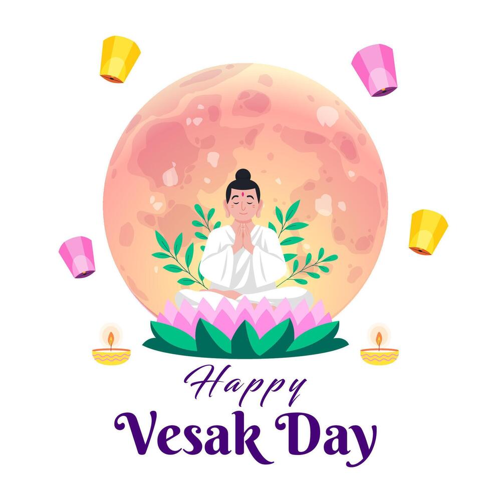 Vesak Day Celebration with buddha and moon, Lantern, Lotus Flower Decoration in Flat vector