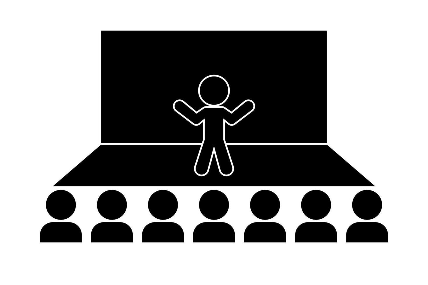 Public speaker on stage and mass silhouette. vector