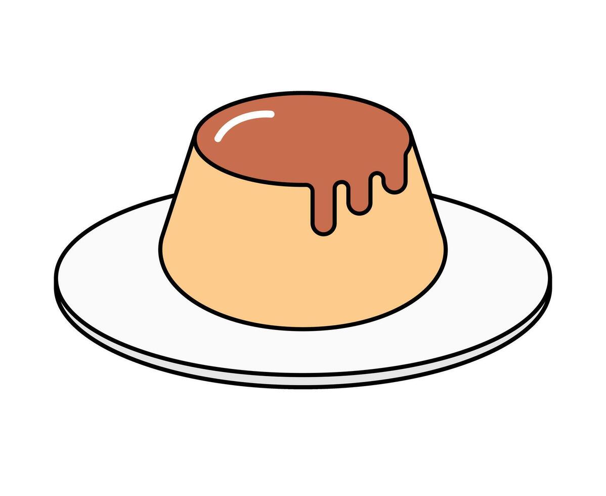 Plate of Creamy Caramel Drizzled Pudding icon. vector