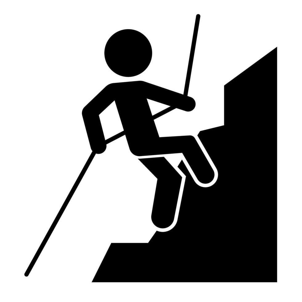 Rock climbing with rope silhouette icon. vector