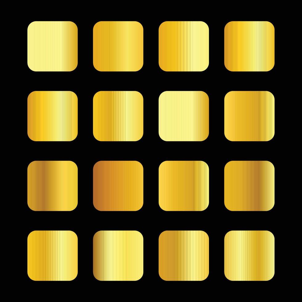 Collection of golden gradient squares arranged on a black background for design elements vector