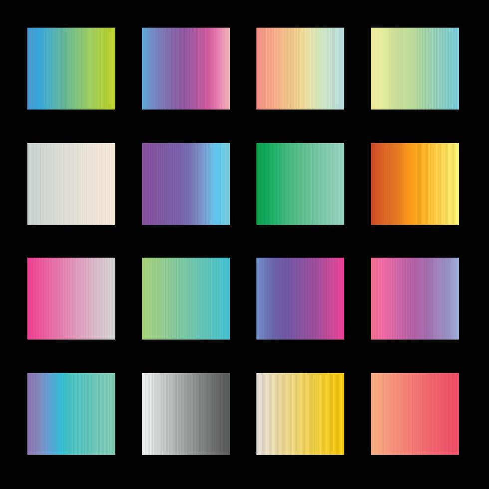 A collection of sixteen vibrant gradient color swatches in square formats on a black background vector