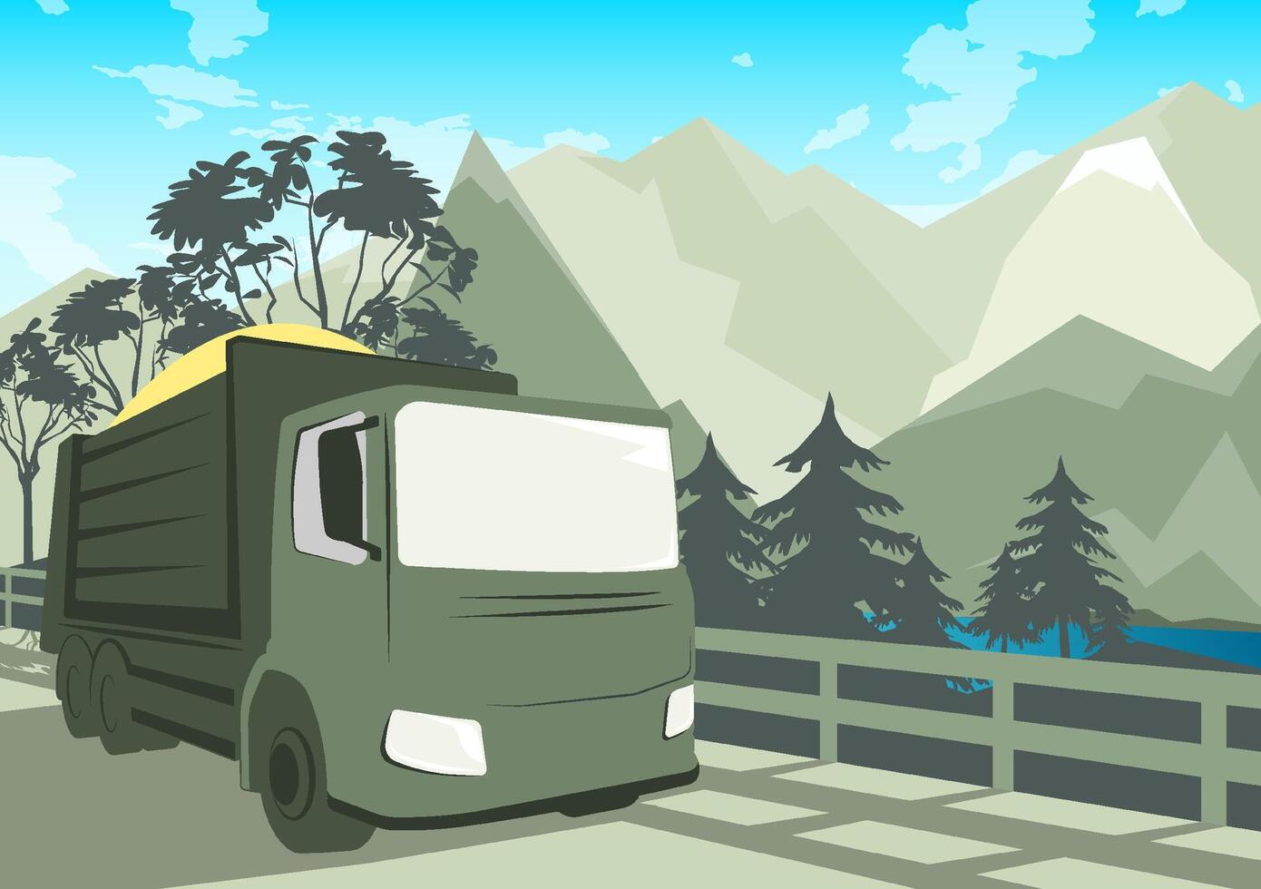 Isometric heavy truck rides on mountain road. Transportation of heavy loads to hard to reach areas. image illustration vector