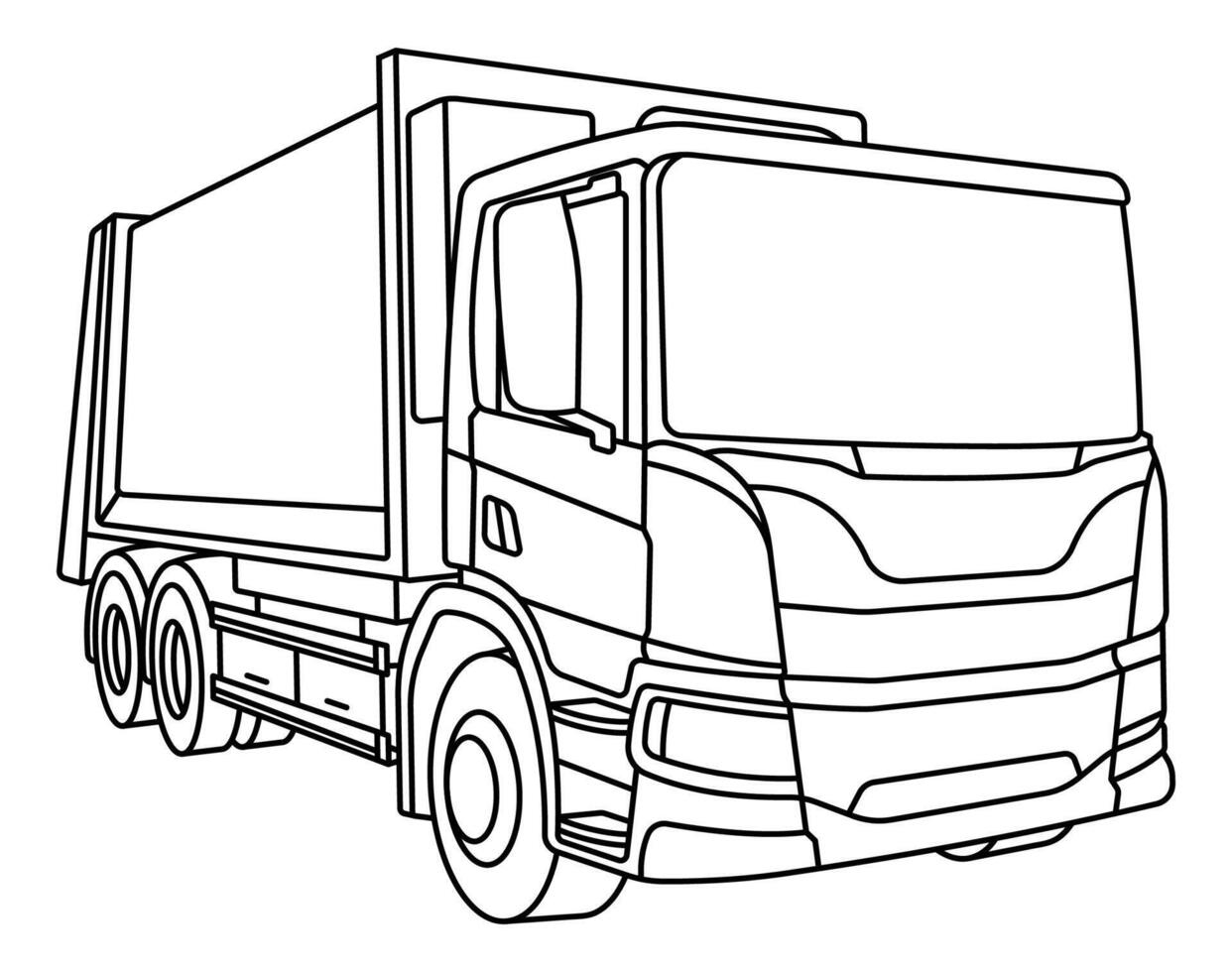 Children linear drawing for coloring book. Heavy construction equipment truck, garbage truck in linear. Industrial machinery and equipment. Isolated on white vector