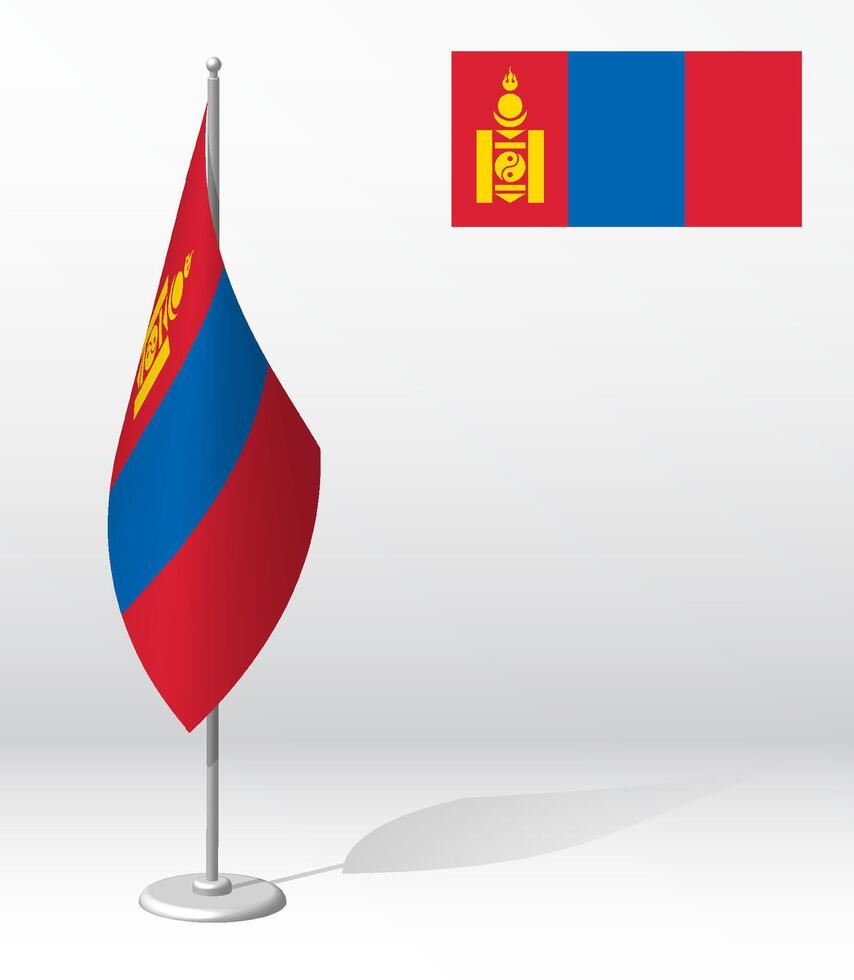 MONGOLIA flag on flagpole for registration of solemn event, meeting foreign guests. National independence day of MONGOLIA. Realistic 3D on white vector