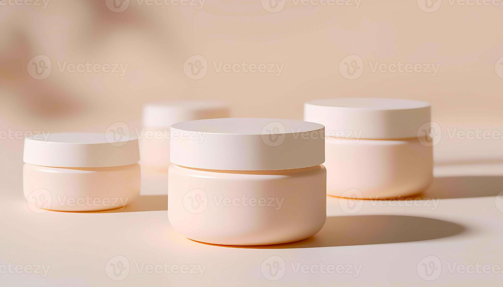 4 blank plastic jars of beige color with white closed lids on beige background photo