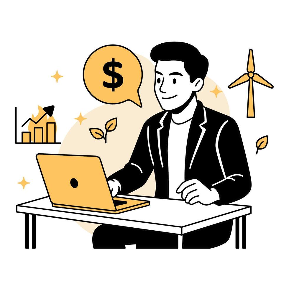 illustration of a businessman analyzing green investment profits on a laptop, surrounded by wind energy, chart growth, and eco symbols, promoting sustainable financial management. vector