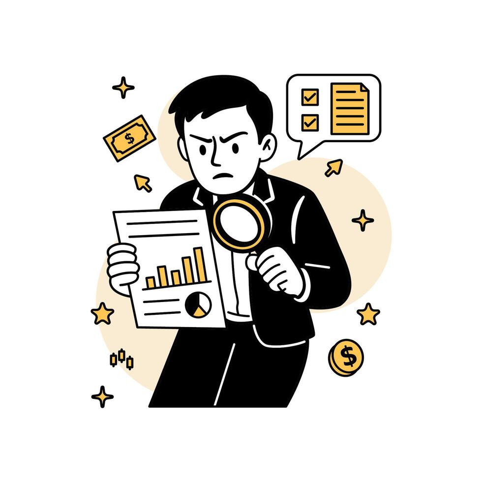 illustration of a serious businessman using a magnifying glass to inspect an investment report with graphs, highlighting financial analysis and business accuracy. vector