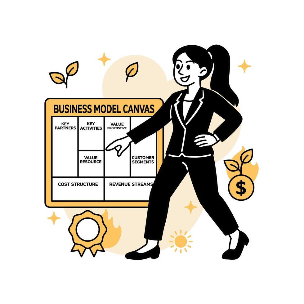 illustration of a businesswoman presenting a business model canvas for a wind energy venture, promoting sustainable economic growth through clean, renewable resource planning. vector