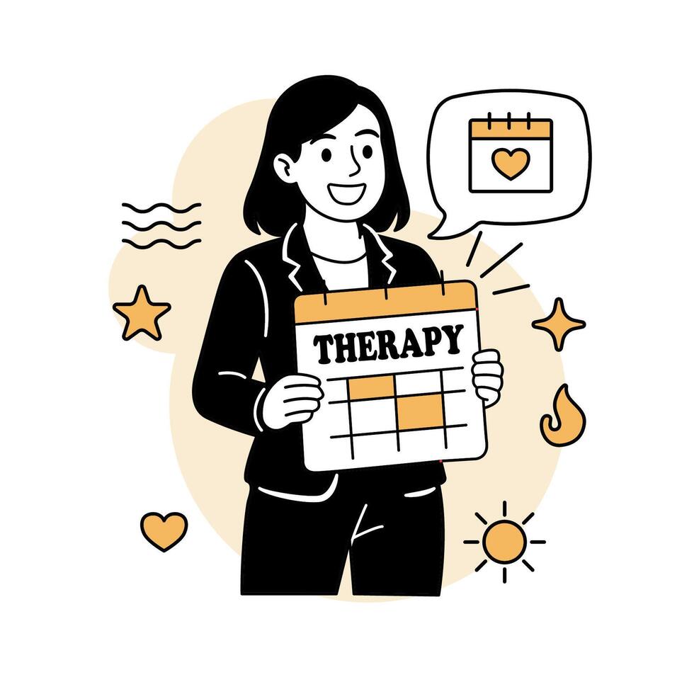 illustration of a smiling woman holding a calendar marked for therapy, representing mental health planning, emotional care, and psychological support. vector