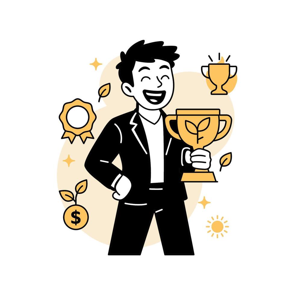 illustration of a smiling man in a suit holding a green energy award trophy, symbolizing success in eco friendly business and sustainable economic development. vector