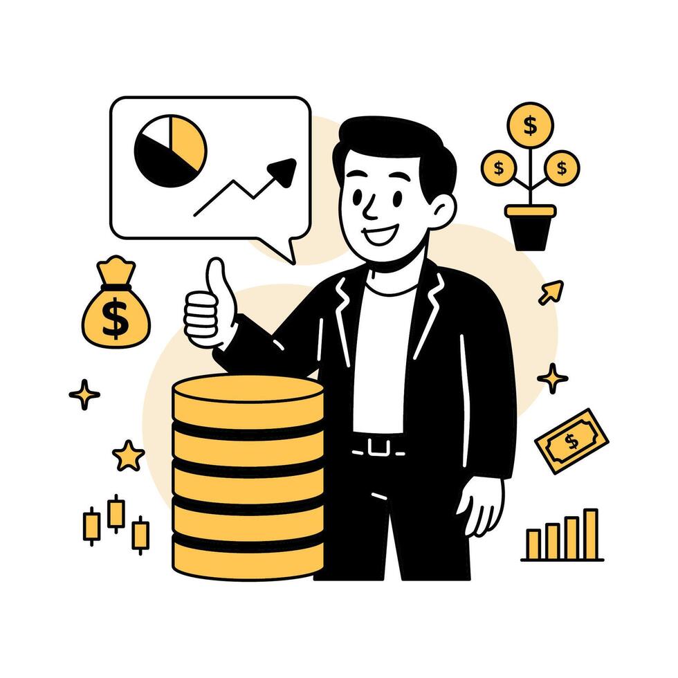 illustration of a happy businessman giving a thumbs up beside a large coin stack and growth icons, representing financial success, profit, and smart investment strategy. vector