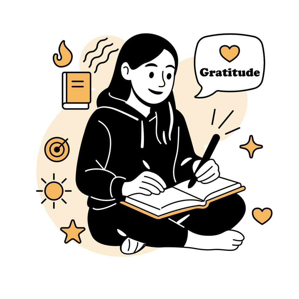 illustration of a woman writing in a journal with a calm expression, representing gratitude, self-reflection, and positive thinking for mental health and well-being. vector