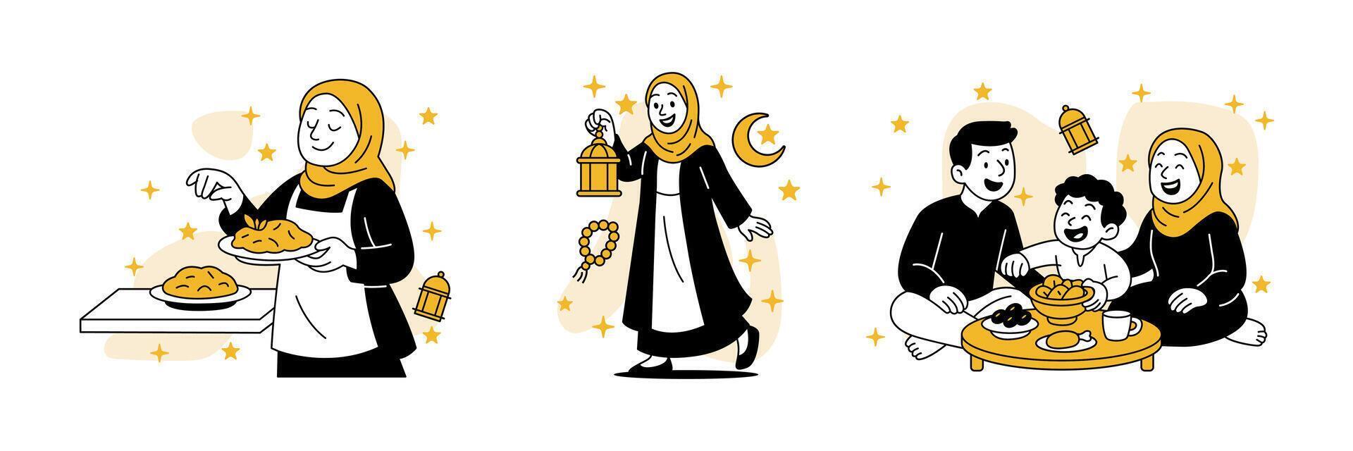 featuring a woman preparing an Eid feast, a woman holding a lantern with a smile, and a joyful family sitting together for an Eid meal illustration For Eid Al Adha MubarakA set of three festive cart vector
