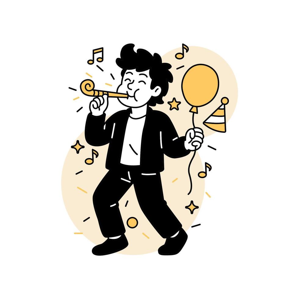 illustration of a cheerful man celebrating with a party horn and balloon, surrounded by music notes and festive elements vector