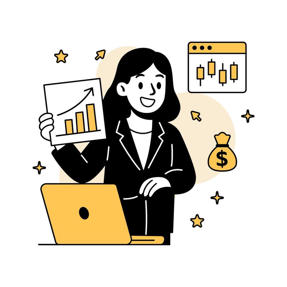 illustration of a businesswoman holding a rising chart beside a laptop, symbolizing successful investment analysis, data presentation, and financial achievement. vector