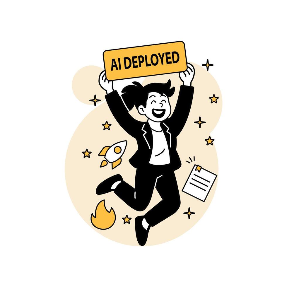 joyful woman jumping while holding an AI Deployed sign. Includes rocket, paper, and fire icons in a fun, flat cartoon style themed around artificial intelligence. vector