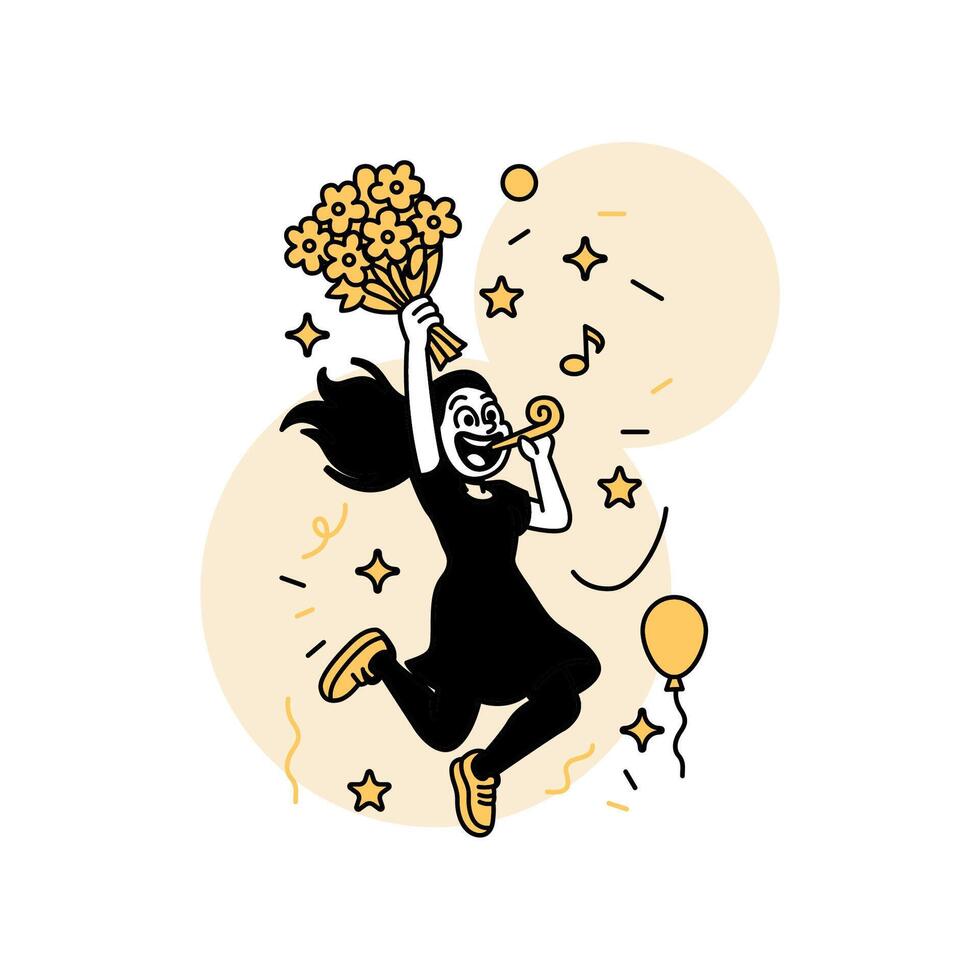 illustration of a joyful woman jumping with a bouquet of flowers and party horn vector