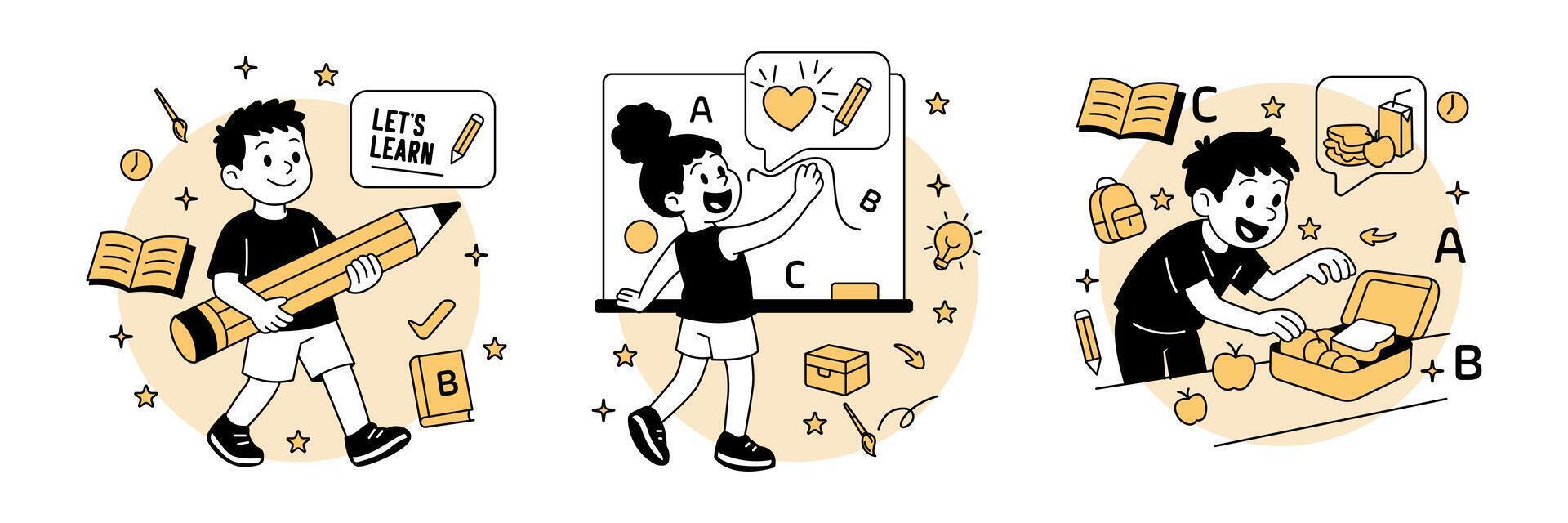 Cartoon kids ready for school, boy with giant pencil, girl drawing on whiteboard, and boy packing lunch. Playful flat set perfect for education and back to school themes. vector