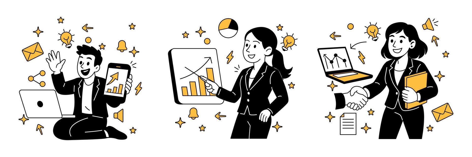 business communication, man on call, woman presenting charts, and woman shaking hands, all in a clean, modern corporate cartoon style. vector