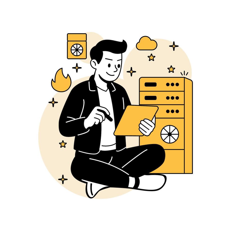 illustration of a man managing AI server infrastructure using a digital tablet. Includes server racks, icons, and clean flat design in yellow and black. vector