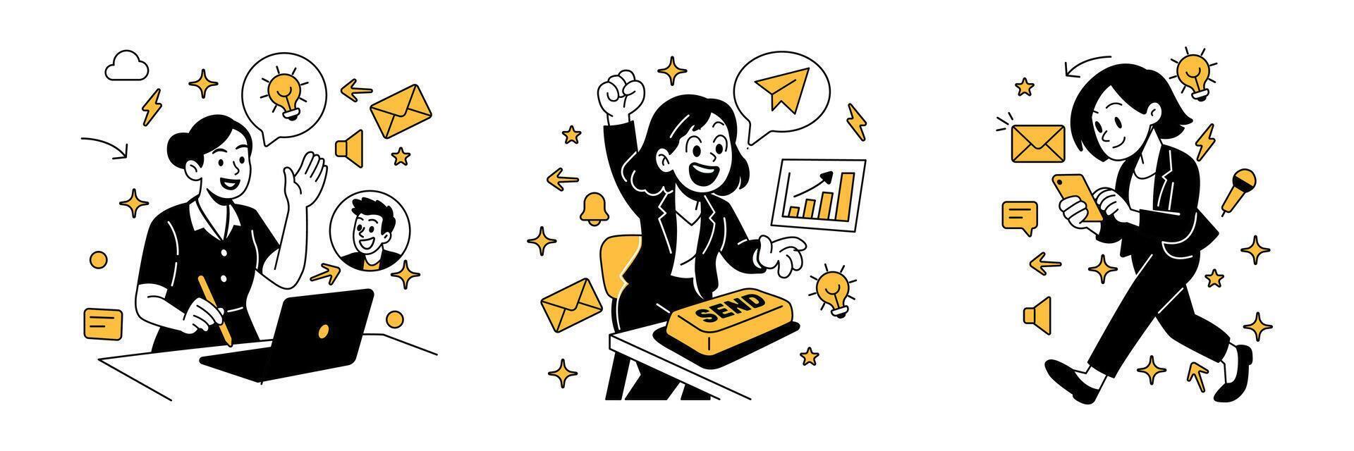business communication, woman in a virtual team meeting, sending an email blast, and chatting via mobile, in a clean, modern flat cartoon vector
