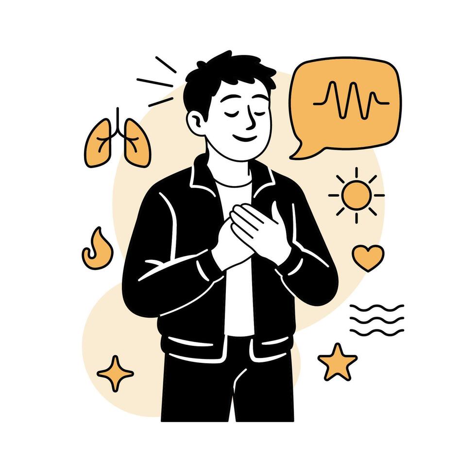 illustration of a calm man practicing deep breathing for stress relief, surrounded by mental wellness icons like lungs, heartbeat, sun, and stars. vector