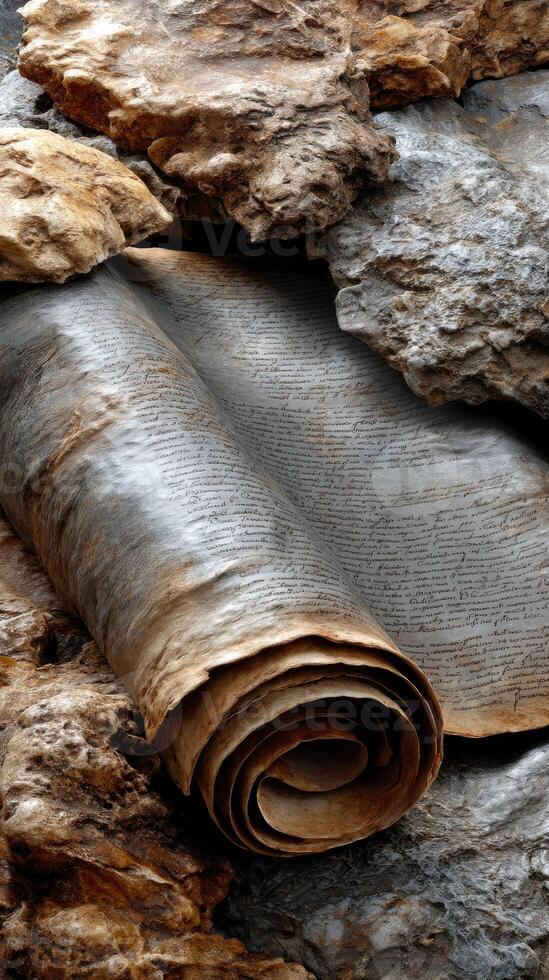 A rolled up piece of paper laying on top of rocks photo