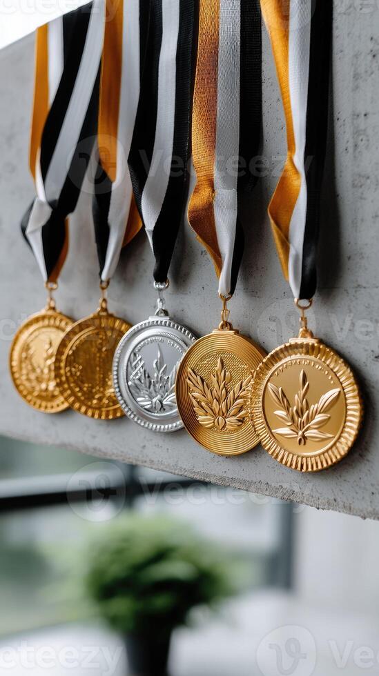 Gold, silver and black medals on a wall photo