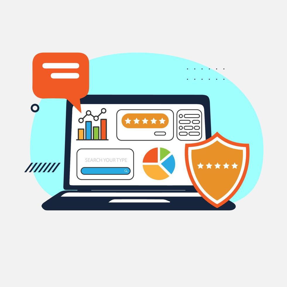 On the laptop screen there are floating charts, a search and rating bar, a protection icon, messages and discounts. SEO optimization web analytics and marketing social media. vector