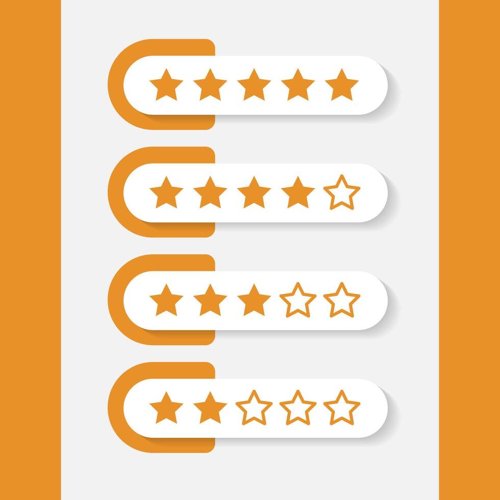Five stars customer product review icon set, featuring yellow 5 star rating flat icons for apps and websites. Represents quality, customer rating, and feedback vector