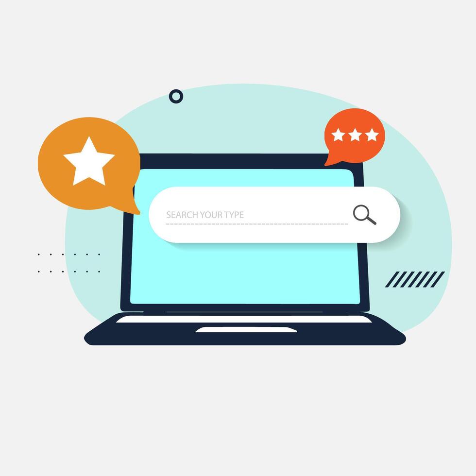 On the laptop screen there are Star, a search and rating bar, a protection icon, messages and discounts. SEO optimization web analytics and marketing social media. vector