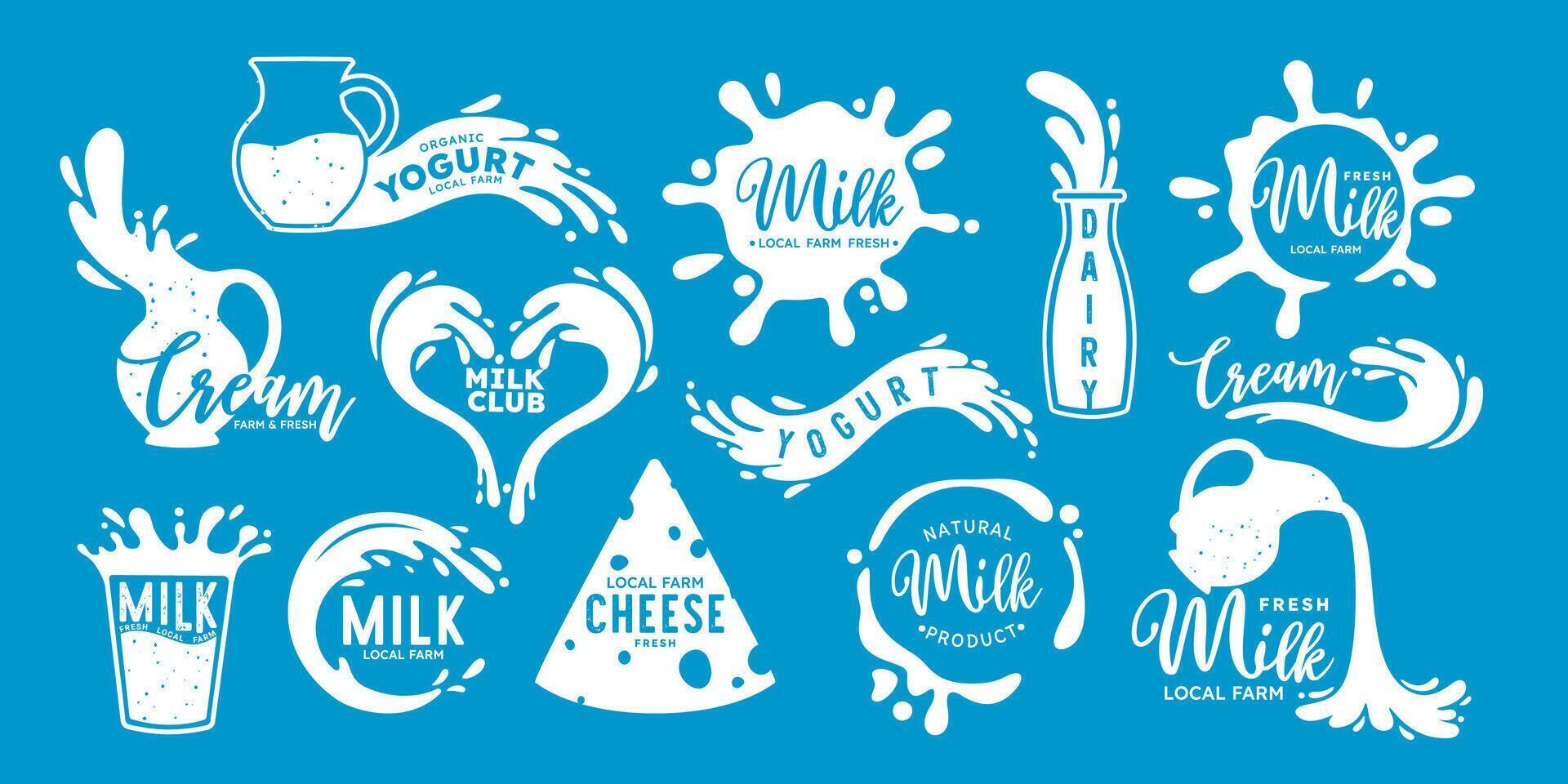 Dairy milk labels. Cartoon milk products logo. Stain, drop, blots, circle shapes, wave with lettering. Stickers bottle, jug with fresh yogurt, farm cream, cheese. set vector