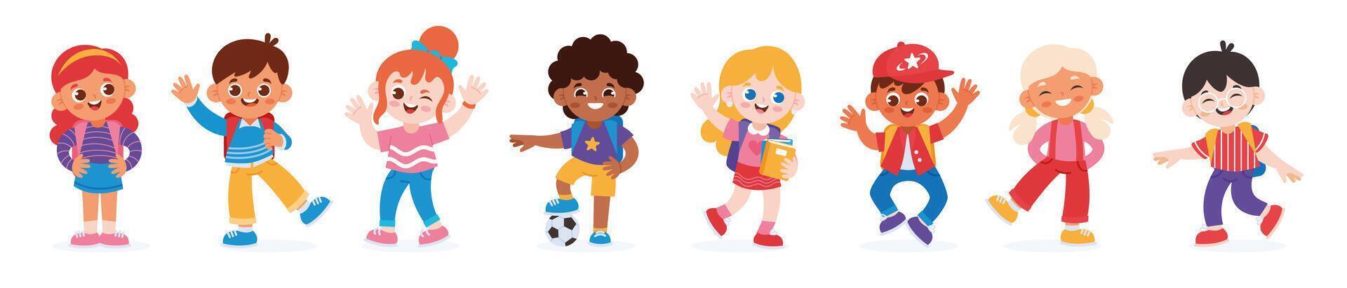 Kids characters. Cute children group. Happy school child, kindergarten kid, boys and girls in different poses with smiling faces. Kids staying, jumping, waving. set vector