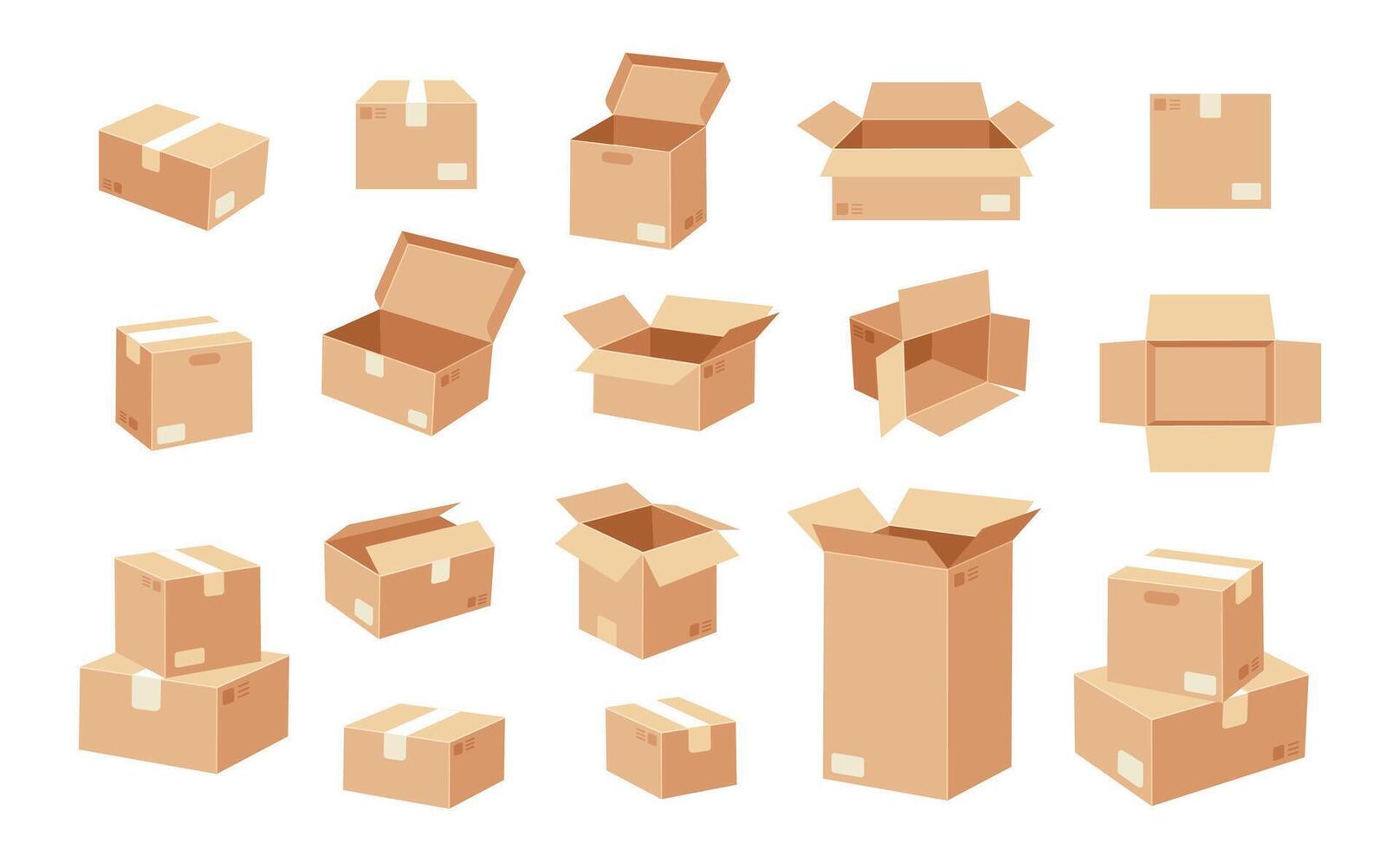 Cardboard boxes. Cartoon packaging box. Various brown corrugated stacked, labeled, open and close boxes for packing, logistics, delivery, moving. Kraft paper supplies. set vector