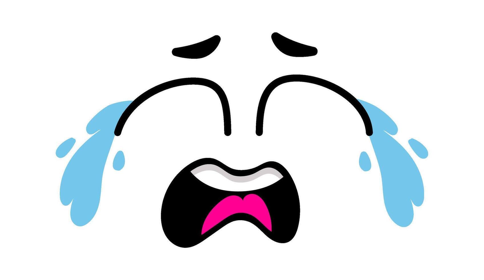 Cartoon crying face with big blue tears falling from eyes and open mouth expressing sadness and despair, isolated illustration on white background vector