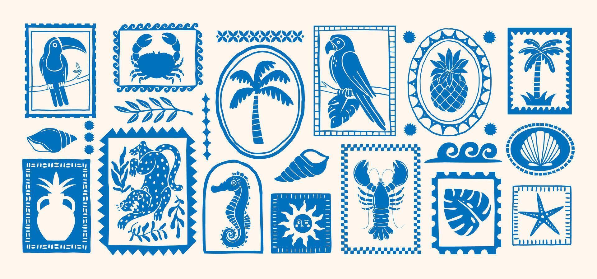 Tropical summer elements. Hand drawn exotic shape stickers. Retro abstract jungle palm, wild bird, shells, leopard, fruit. Silhouette stamp, frame. set vector