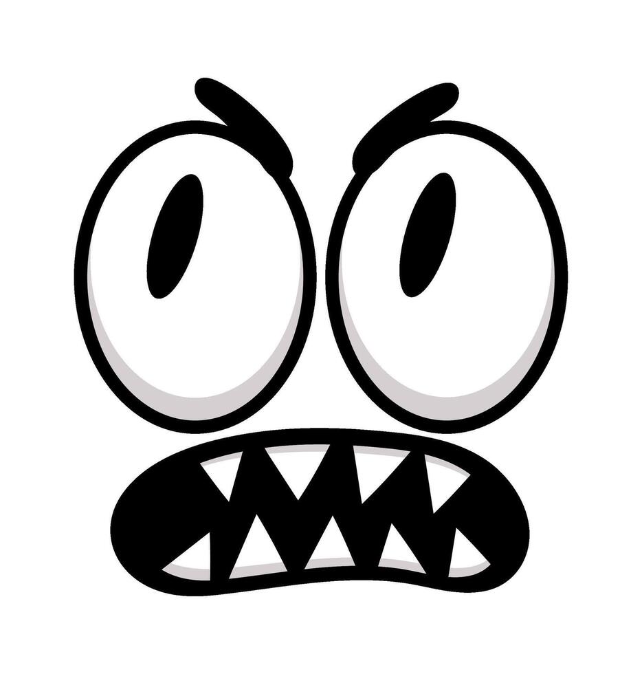 Cartoon face featuring sharp teeth and wide open eyes, vividly expressing anger and grumpiness in a humorous manner, isolated against a clean white background vector