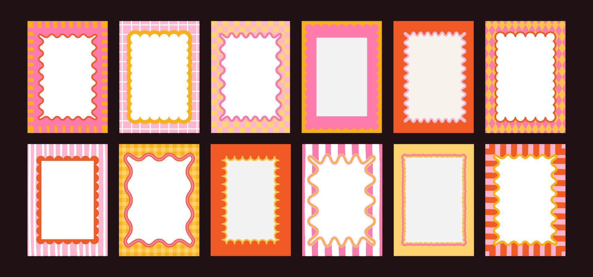 Doodle wavy frames. Geometric curvy edges border. Curved frame with wave, squiggly shapes. Hand drawn pattern square box for poster, invitation cards. colorful set vector