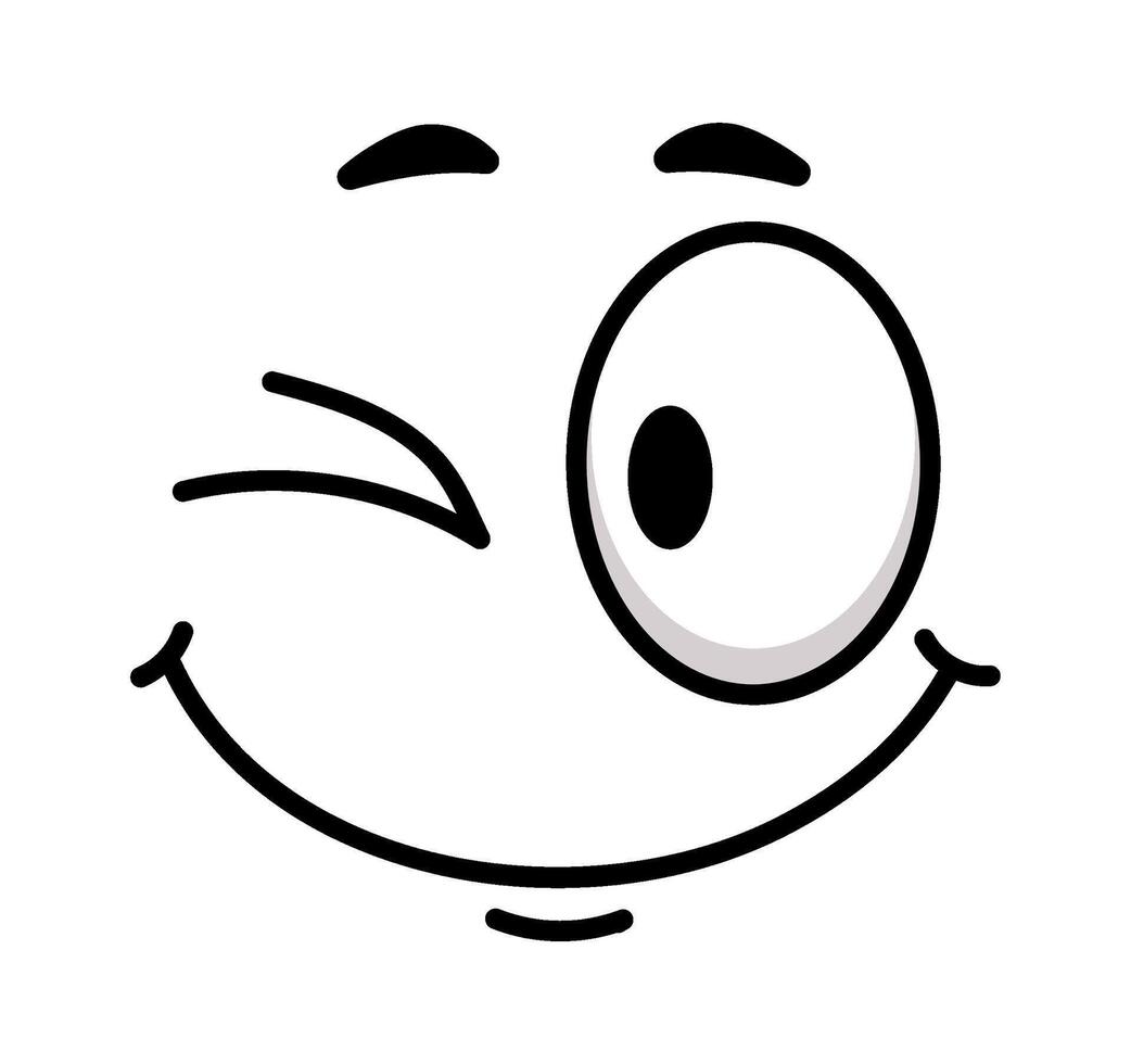Cartoon face winking and smiling, radiating positive emotions like happiness, joy, and approval, creating a cheerful and playful vibe perfect for various fun contexts vector