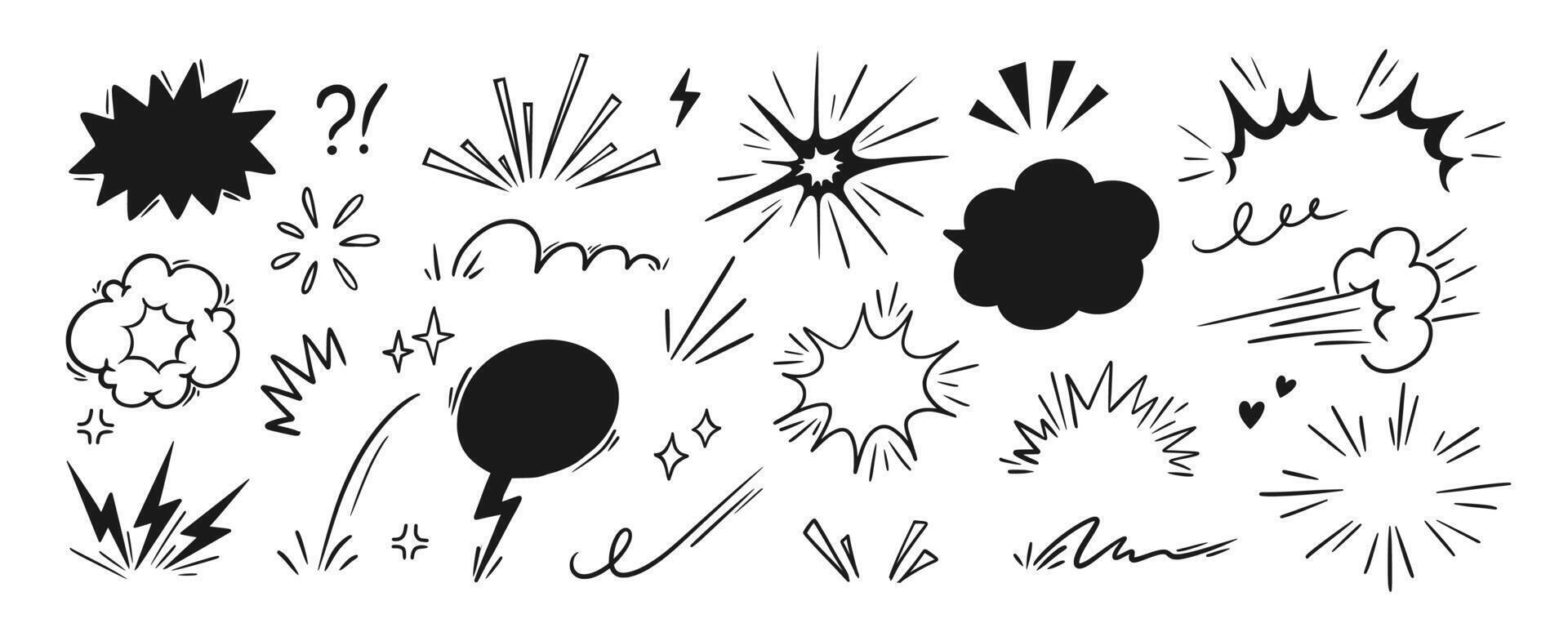 Comic explosion. Doodle boom bomb effects. Hand drawn line action lines, dynamic shape, burst, speech bubble, cloud puff, zap effect. Outline comic book sticker. set vector