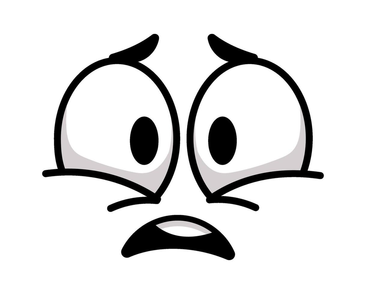 Cartoon face showing fear with wide opened eyes and worried expression, simple design in black and white, perfect for conveying negative emotions like anxiety, worry or panic vector