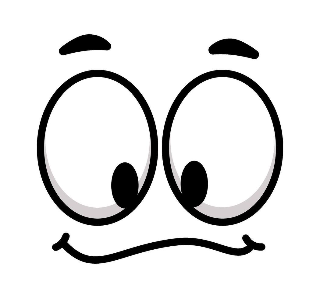Cartoon face featuring big, wide open eyes, raised eyebrows, and a slightly curved smile, showcasing a blend of confusion, curiosity, and perplexity in a playful expression vector