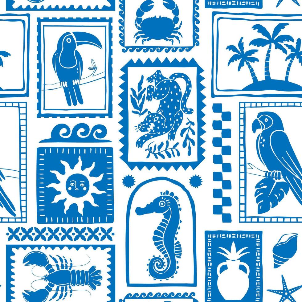 Tropical seamless pattern. Hand drawn summer patchwork. Exotic island blue stamps, frames with bird, animal, palm. Mediterranean texture. nature background vector