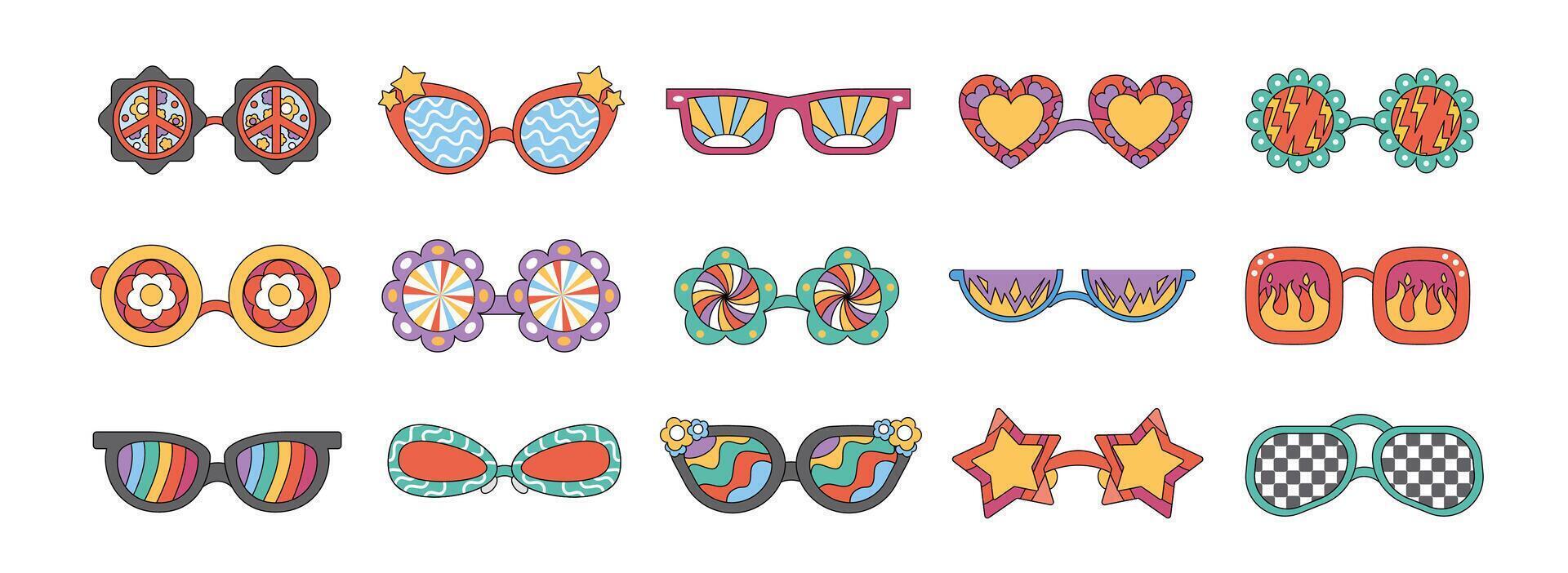 Retro groovy sunglasses. Cartoon hippie glasses. Vintage psychedelic 70s eyewear in different shapes with fire, flowers, stars, rainbow. Funky pattern. party collection vector