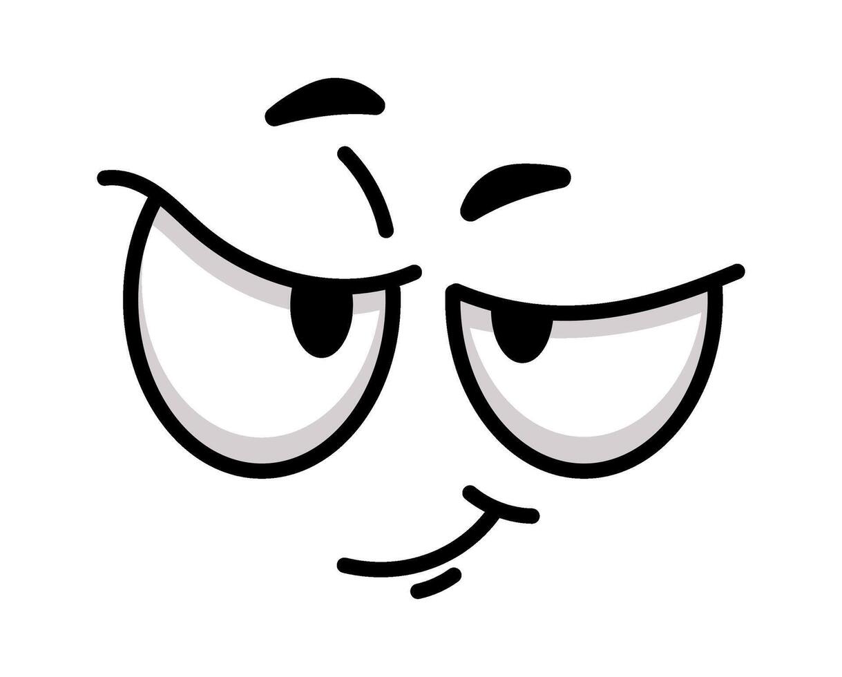 Cartoon sly face with narrowed eyes and a slight smirk expressing distrust, skepticism, and suspicion, perfect for conveying doubt or disbelief in communication and design vector