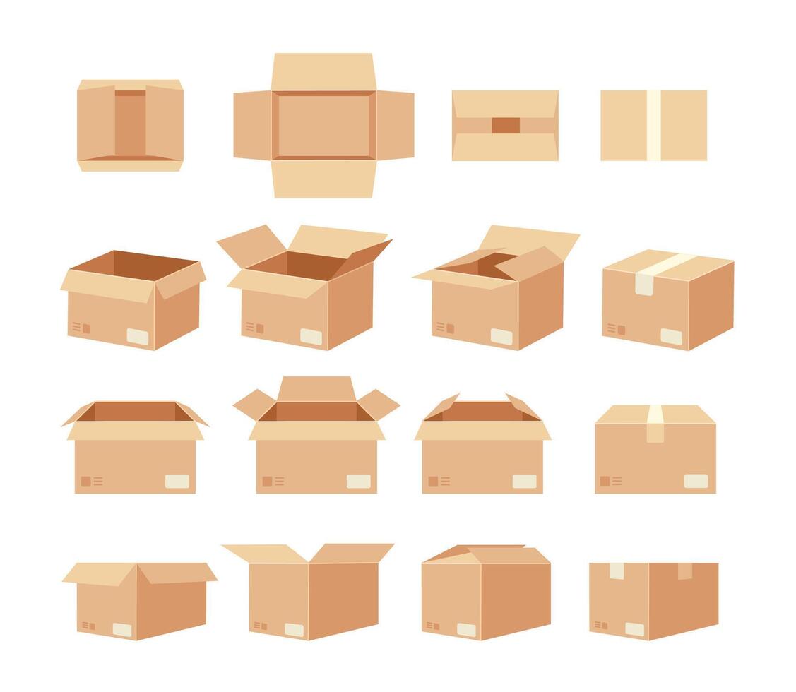Empty packages boxes. Opened and closed cardboard box. Different brown kraft packaging with pack signs in various positions. Shipping top, front side views. collection vector