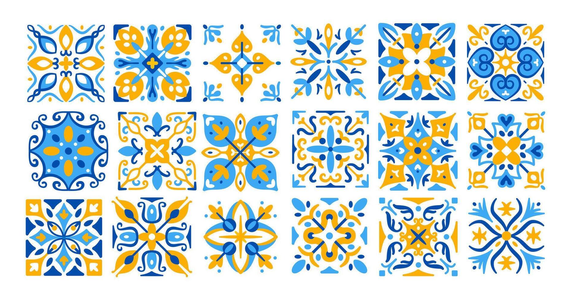 Mediterranean tile pattern. Traditional ceramic tiles ornament. Portuguese courtyards texture. Spanish colorful decorative mosaic. Lisboa interior texture elements. collection vector