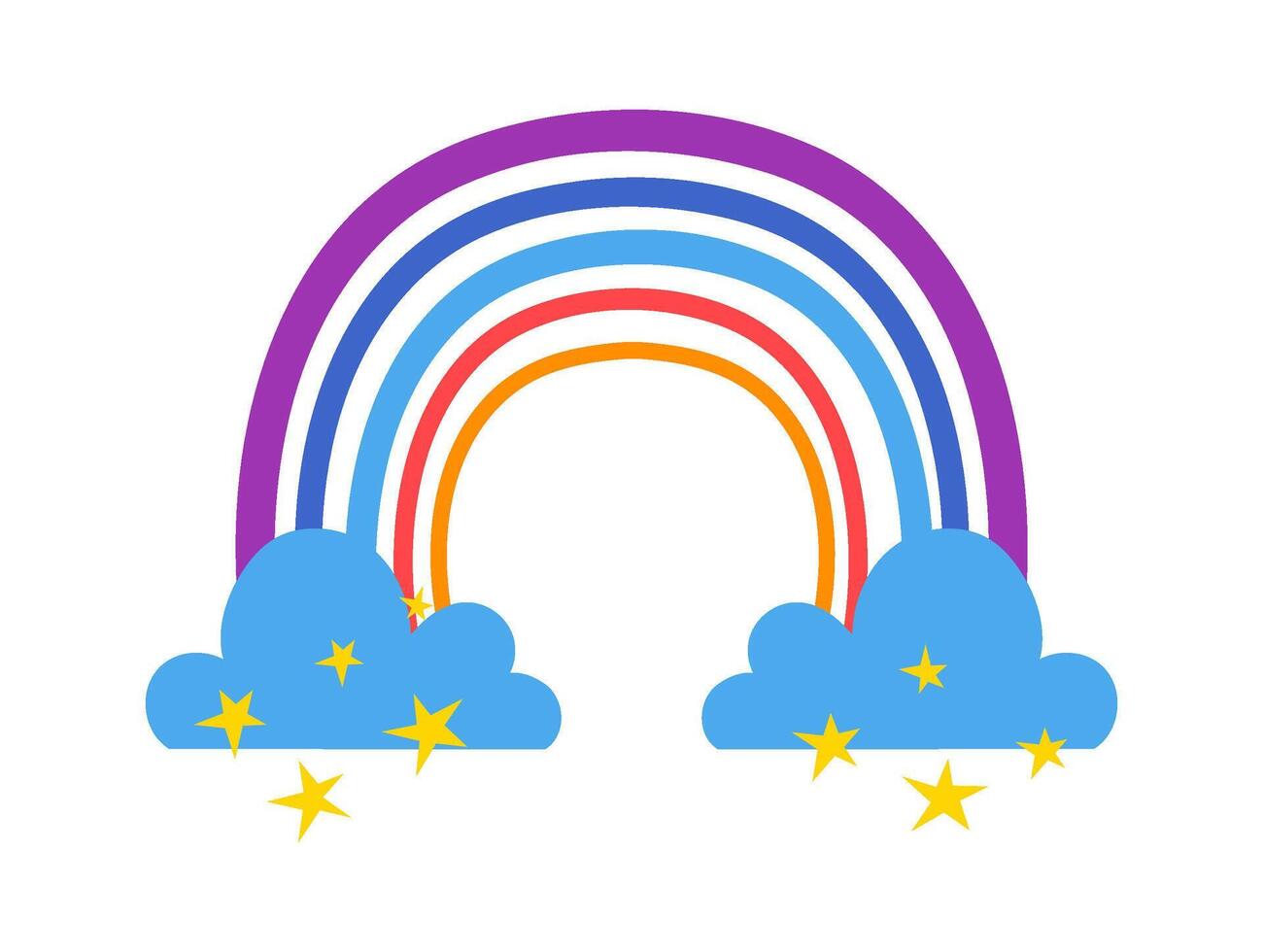 Vibrant rainbow with distinct colors arching over two stylized blue clouds adorned with yellow stars, conveying a cheerful meteorological phenomenon suitable for children s illustrations vector